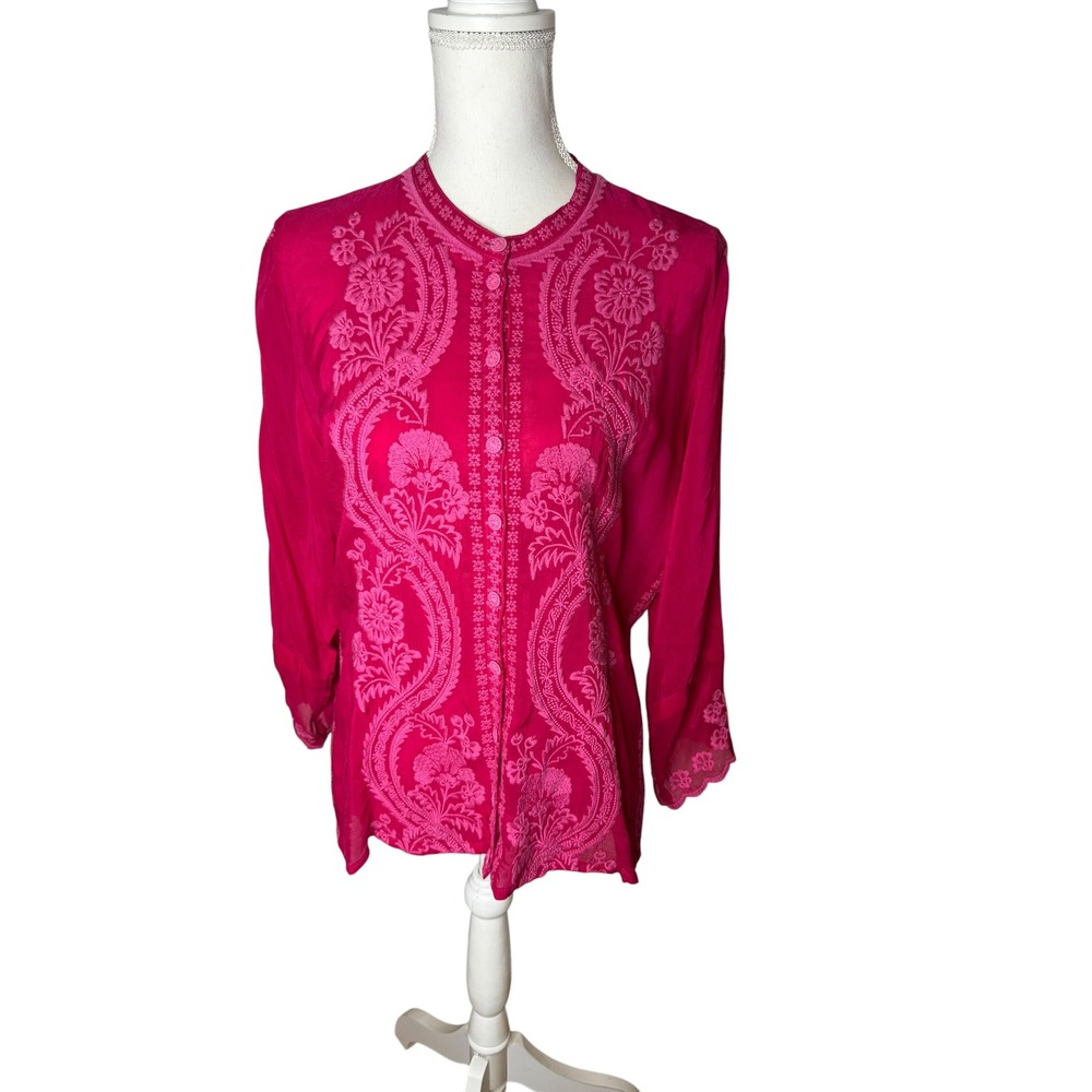 Johnny Was Midge Embroidered Blouse Fuchsia Pink Button Front Top Small
